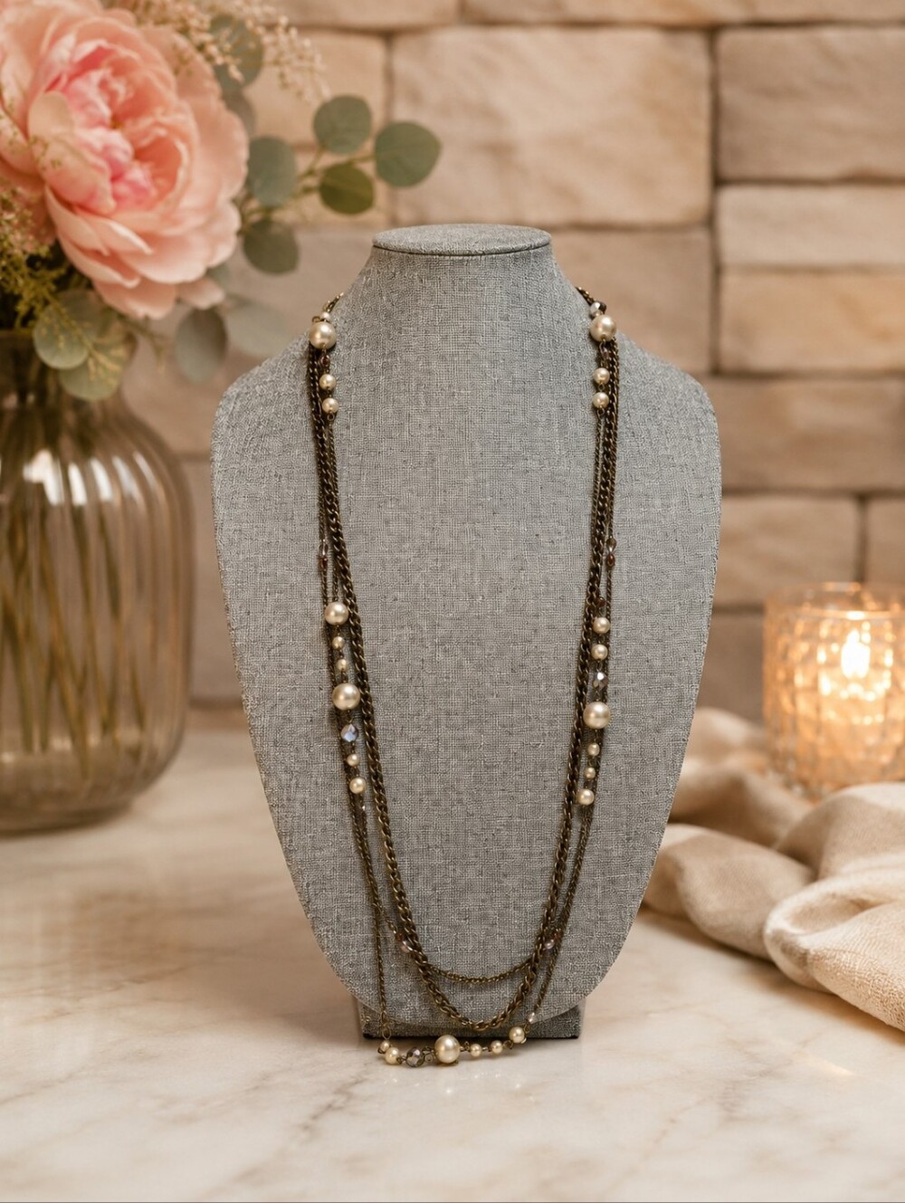 Retro Style Long Necklace Brass Chain Cream Faux Pearl Amber & Silver-Tone Beads